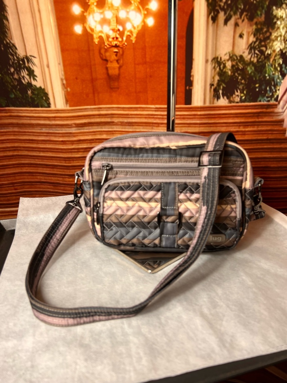 lug Quilted Crossbody Bag in Pink and Gray, excellent condition